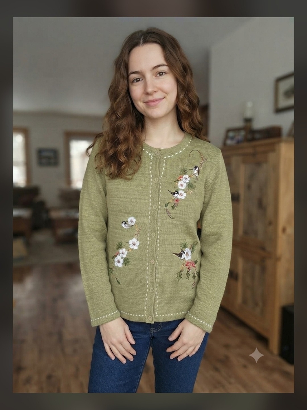 Blair Olive Green Embroidered Floral Cardigan Sweater